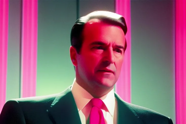 35mmNeon (extreme close up shot) analog photo of the president in black suit, giving a speech, in a (pink-red lit room), chiaroscuro, contrejeur, backlit, rimlight, dramatic, cinematic, interior, fluorescent light, teal lighting in the background wall, high contrast, detailed skin