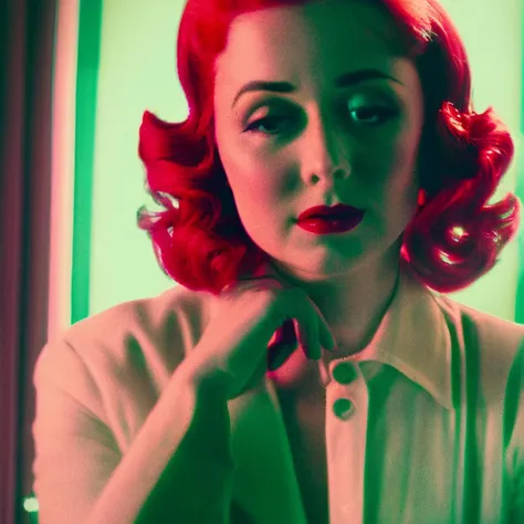 35mmNeon (close up shot) analog photo of a redhead woman, 1950s hairstyle, crying face, (pink-green lit room), neon heart, heart-shaped bokeh, chiaroscuro, contrejour, backlit, rim light, dramatic, cinematic, interior, ambient fog