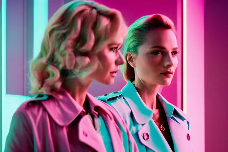 35mmNeon analog photo of a detective, wearing an trench coat, talking to a blonde woman, in a cyan-pink lit room, bright room, interior, nighttime, chiaroscuro, contrejour, rim light, high contrast, detailed skin, close up shot, depth of field,