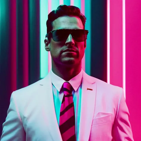 35mmNeon (medium shot) analog photo of the bodyguard in black suit and sunglasses, in a (pink-red lit room), chiaroscuro, contrejeur, backlit, rimlight, dramatic, cinematic, interior, fluorescent light, teal lighting in the background wall, high contrast, detailed skin