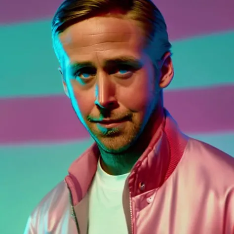 35mmNeon photo of anangry young ryan gosling in a white bomber jacket, in a cyan-pink lit room, bright room, interior, nighttime, chiaroscuro, contrejour, rim light, high contrast, detailed skin, close up shot,
