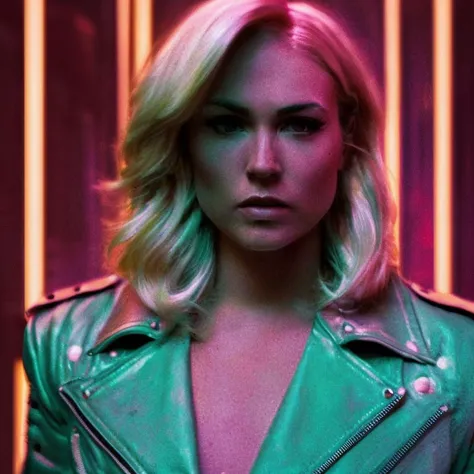 35mmNeon photo of a muscular blonde woman in a rider jacket, vol hairstyle, in a cyan-orange lit room, dark gloomy interior, (neon hallway in the background), nighttime, chiaroscuro, contrejour, rim light, high contrast, detailed skin, close up shot, ambient fog:1.5,