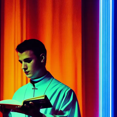 35mmNeon (close up shot) analog photo of a young priest holding a book, (in a blue lit room), orange neon cross in the background, dark interior, nighttime, chiaroscuro, contrejour, rim light, high contrast, detailed skin,