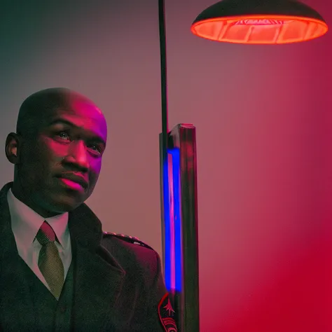 35mmNeon photo of a bald black soldier, in a red-purple lit room, bright room, interior, nighttime, chiaroscuro, contrejour, rim light, high contrast, detailed skin, close up shot,