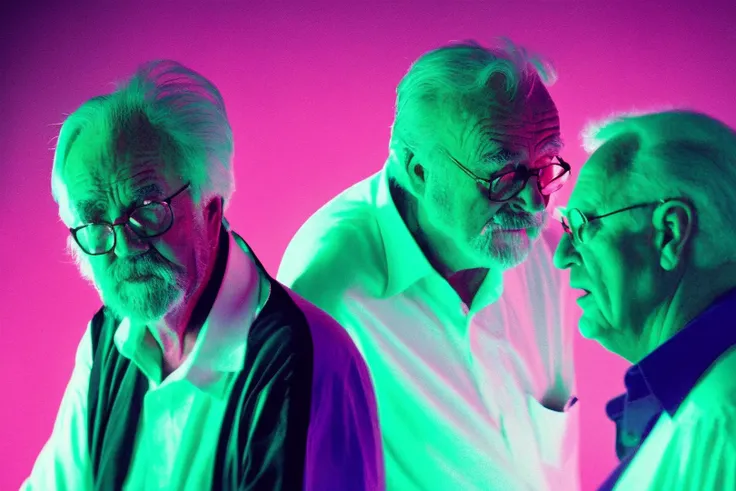 35mmNeon photo of 2 old man arguing, in a cyan-purple lit room, bright room, interior, nighttime, chiaroscuro, contrejour, rim light, high contrast, detailed skin, close up shot,