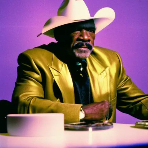 35mmNeon (close up shot) analog photo of an muscular old black man in shiny silver suit and cowboy hat, sitting (in a dark room with fluorescent lights), purple wall in the background, dark interior, nighttime, chiaroscuro, contrejour, rim light, high contrast, detailed skin,