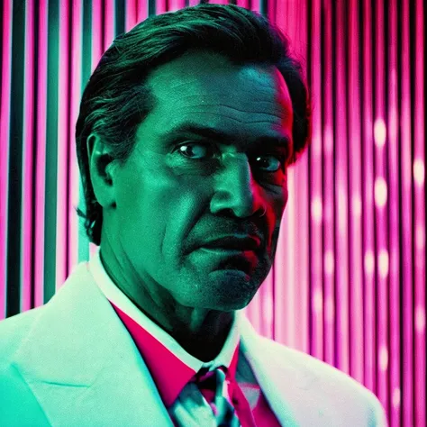35mmNeon4500 (extreme close up shot) analog photo of a rugged black mobster in a white suit, (pink-teal lit room), chiaroscuro, contrejour, backlit, rim light, dramatic, cinematic, interior, neon corridor