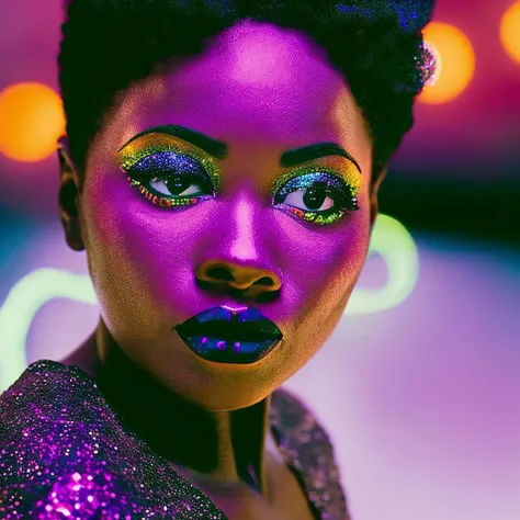 35mmNeon photo of a black woman, afro hairstyle, glitter dress, sunglassed, light makeup, (in a purple-orange lit room), dark room, interior, nighttime, chiaroscuro, contrejour, rim light, high contrast, detailed skin, extreme close up shot,