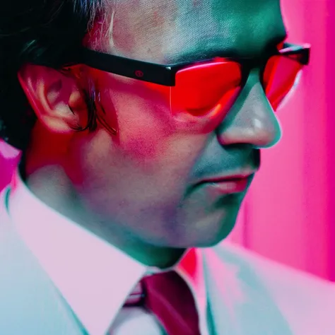 35mmNeon (extreme close up shot) analog photo of the bodyguard in black suit and sunglasses, in a (pink-red lit room), chiaroscuro, contrejeur, backlit, rimlight, dramatic, cinematic, interior, fluorescent light, teal lighting in the background wall, high contrast, detailed skin