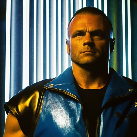 35mmNeon analog photo of an muscular serial killer in black rider jacket and motorcycle helmet, cracking knuckles, (in a blue lit room), dark interior, nighttime, chiaroscuro, contrejour, rim light, high contrast, detailed skin, (close up shot),