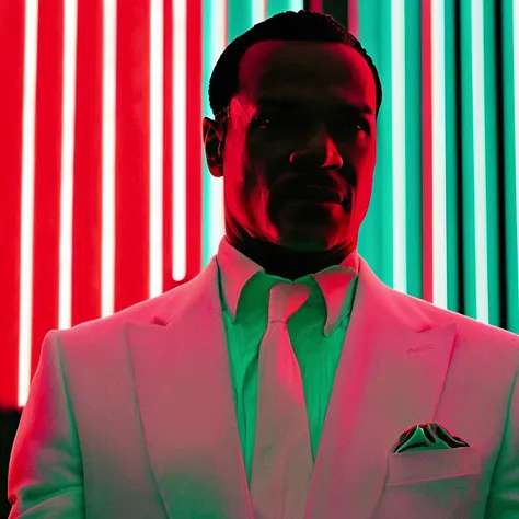 35mmNeon analog photo of an athletic black mobster, wearing a white suit, in a red lit room, dark interior, (teal neon in the background), nighttime, chiaroscuro, contrejour, rim light, high contrast, detailed skin, close up shot,