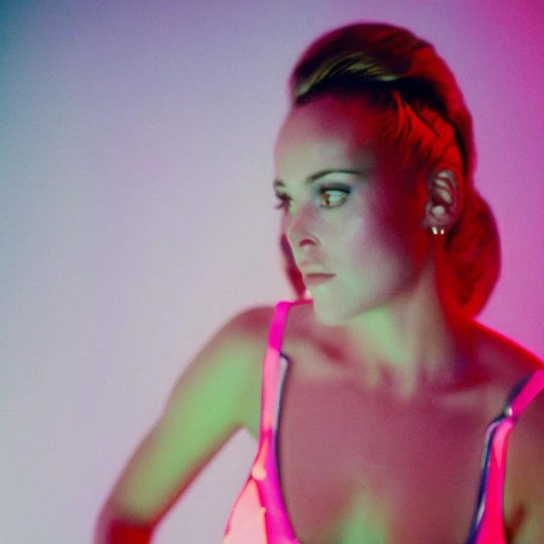 35mmNeon (close up shot) analog photo of an athletic (naked) stripper, NSFW, (in a blue-pink lit room), dancing, visible big breasts, purple wall in the background, dark interior, nighttime, chiaroscuro, contrejour, rim light, high contrast, detailed skin, nude