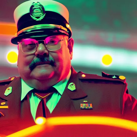 35mmNeon photo of a old fat policeman with glasses, dressed in uniform, in a blue-orange lit room, fluorescent lights, interior, nighttime, chiaroscuro, contrejour, rim light, high contrast, detailed skin, close up shot,