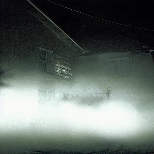 35mmNeon, photo of black fog at a house 1980 50mm 1.4f soft focus, ISO 100 , 8sconception, lomography, long exposure