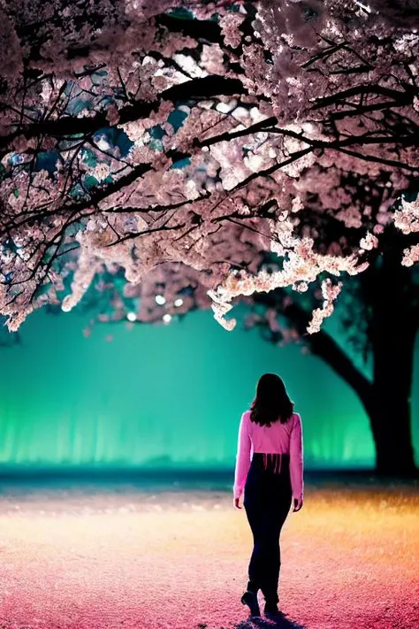 desktop background of a beautiful woman wandering in a pink Japanese Cherry blossoms forest at night, unreal engine 5, 3D, fairy lightning, blurry background, ultra realistic, ultra detailed, lifelike, masterpiece, 16K