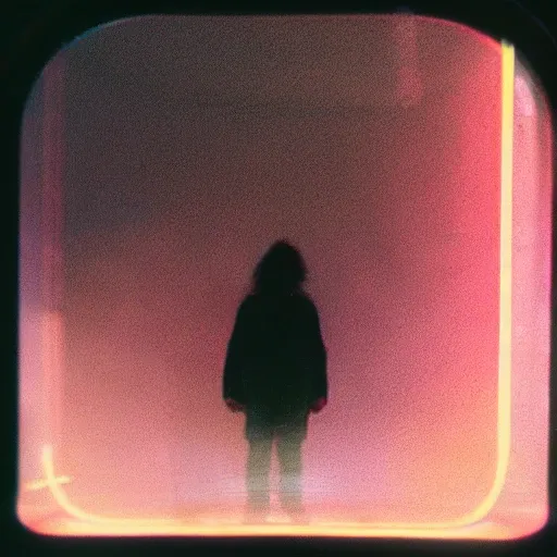 35mmNeon, photo of black fog at a house 1980 50mm 1.4f soft focus, ISO 100 , 8sconception, lomography, long exposure