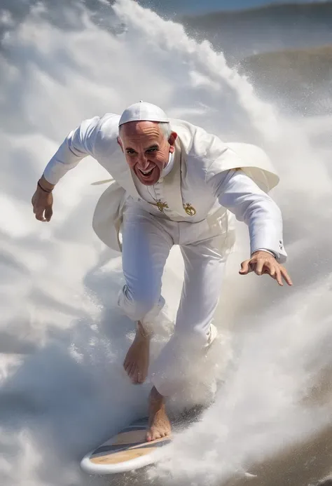 Go Pro Shot. Close-up of The pope Francis surfing a big wave. <lora:d\EnvyActionShotXL01:0.8> action shot