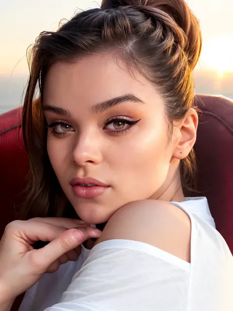 high resolution photo of hail33 woman,she's wearing a t-shirt,she has hair pulled back,eyeliner,lipstick, extreme close-up,sunrise,she's sitting in a restaurant,highly detailed skin