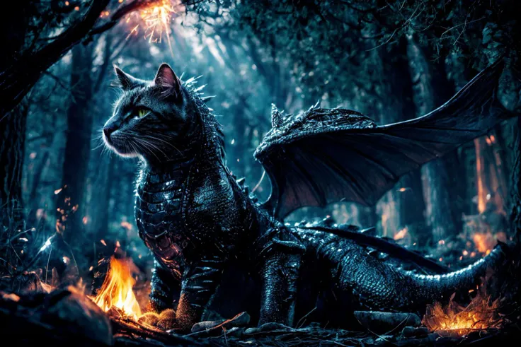 (RAW photo, 8k uhd, Analog style, Masterpiece, Best Quality, Highres:1.4), (dramatic, cinematic:1.2), BREAK,
movie shot of hyperdetailed (cat headed:1.35) (dragon:1.3), ((dragon:cat:0.77):1.15), (glowing:1.2) (scales:1.1), (tail:1.0), golden eyes, green (armor:1.25), lying in the detailed ((magic:1.1) forest:1.1), (castle ruins:1.32), (overgrown:1.2), (hill:1.2), (roots:1.05), (mushrooms:1.27), (light particles:1.2), (glowing sparks:1.07), (green magic:1.1), (sunset:1.22), soft lighting, (campfire:1.03), (treasures:1.3), (from side:1.1), BREAK,
(photorealistic:1.2), (intricate:1.4), (light theme:1.4), (mysterious, fabulous, fantasy, mystical:1.3), (hyperdetailed, absurdres:1.2), (colorful:1.3), (no humans:1.4), (elegant:1.1), vertical pupils, (bat wings:1.2), (dragon wings, claws, spikes:1.15), (glowing ornament:1.2), (incredible, amazing:1.2), BREAK,
<lora:more_details:1>,
<lora:zoom_slider_v1:2.38>