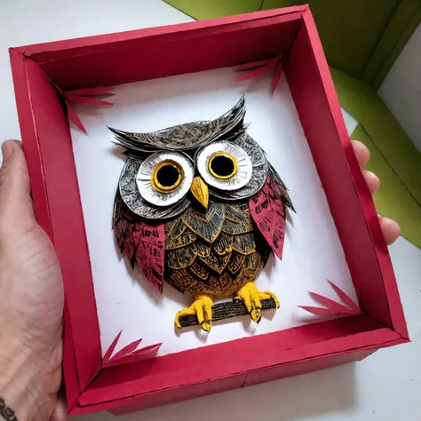 RAW photo, 8k uhd, Analog style, (Masterpiece, Best Quality, Highres:1.3), dramatic, cinematic, (paper-cut craft:1.3), BREAK,
intricate (paper-cut craft:1.4) of mysterious intricate ornamented (owl:1.4), (beige square photo-frame:0.7), circle mask, (forest, mountain:1.3), (winter, moon:0.5), (green, blue, brown, white:1.1), (black, gold:0.8), (paper-cut craft, colorful, layers, flat, fabulous, children's book:1.2), (hyperdetailed, absurdres:1.1), BREAK,
<lora:more_details:0.1>