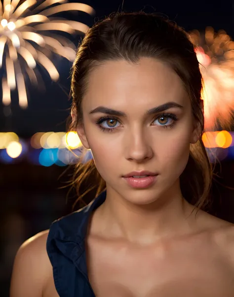 Upper body photo. 1Female. Wearing United States Air Force Dress Blues Uniform. Cleavage. Perfect eyes, highly detailed beautiful expressive eyes, detailed eyes. (Fireworks and fighter Jets.:1.1). Professional photo. (8k, RAW photo, best quality, depth of field, ultra high res:1.2), intricate, photorealistic, masterpiece, ultra-detailed), crisp, vivid lighting.