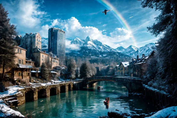 (RAW photo, 8k uhd, Analog style, Masterpiece, Best Quality, Highres:1.4), (dramatic, cinematic:1.2), BREAK,
movie shot of colorful hyperdetailed fantastic fantasy mysterious magic landscape, above clouds, (medieval elven fantasy (village:1.35), (steampunk:1.05) (peasant:1.15) (robots:1.1) (crowd:1.35), playing (little steampunk (girl:1.25):1.1), (farm:1.31), (lake, (river:1.14):1.15), (bridges:1.4), (waterfalls:1.35), (boat:1.4), (dock:1.1), (cliff:1.35), road, (green:1.05) valley, (flowers:1.2), (maple trees:0.65), (green:1.05) (fields:1.3), (fences:1.3), (snowy:1.17) (pines:1.1), (pink:1.0) (flowering tree:1.12):1.22), BREAK,
((mountains:1.22), (futuristic:1.15) (overgrown:1.27) (skyscrapers:1.53) (ruins:1.35), (market, water wheel, castle:1.14), (colorful houses:1.2), birds, stairs, spaceport, ((bright morning sun daylight:1.05) rainbow pure (blue:1.05) sky, glowing:1.05), starry, crescent, meteor, ((fluffy cloud:1.2), godrays, light particles:1.05), various seasons, steam, smokes:1.2), BREAK,
(photorealistic:1.2), (intricate:1.3), (light theme:1.3), (inspiring joyful atmosphere:1.2), (fabulous, fantasy, mysterious, science fiction, post-apocalypse, incredible, amazing, happy, sunny, pastoral:1.2), (hyperdetailed, absurdres:1.2), (colorful, saturated:1.4), colorful lighting, BREAK,
<lora:more_details:1>,