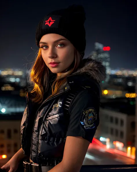 Beautiful girl, highly detailed face, (wearing FBI-issued sexy black tactical attire:1.2). Lots of straps and belts. Black gloves. Bullet proof vest. Cargo pants. Perfect eyes, highly detailed beautiful expressive eyes, detailed eyes. On the top of a skyscraper at night. City lights. Black beanie. Vast open view in the background, City Lights at night. Dynamic vivid colors. Bright neon colors, eerie atmosphere, dark lighting. Depth of field, bokeh, (masterpiece) (best quality) (detailed) (8k) (wallpaper) (cinematic lighting) (sharp focus) (intricate).