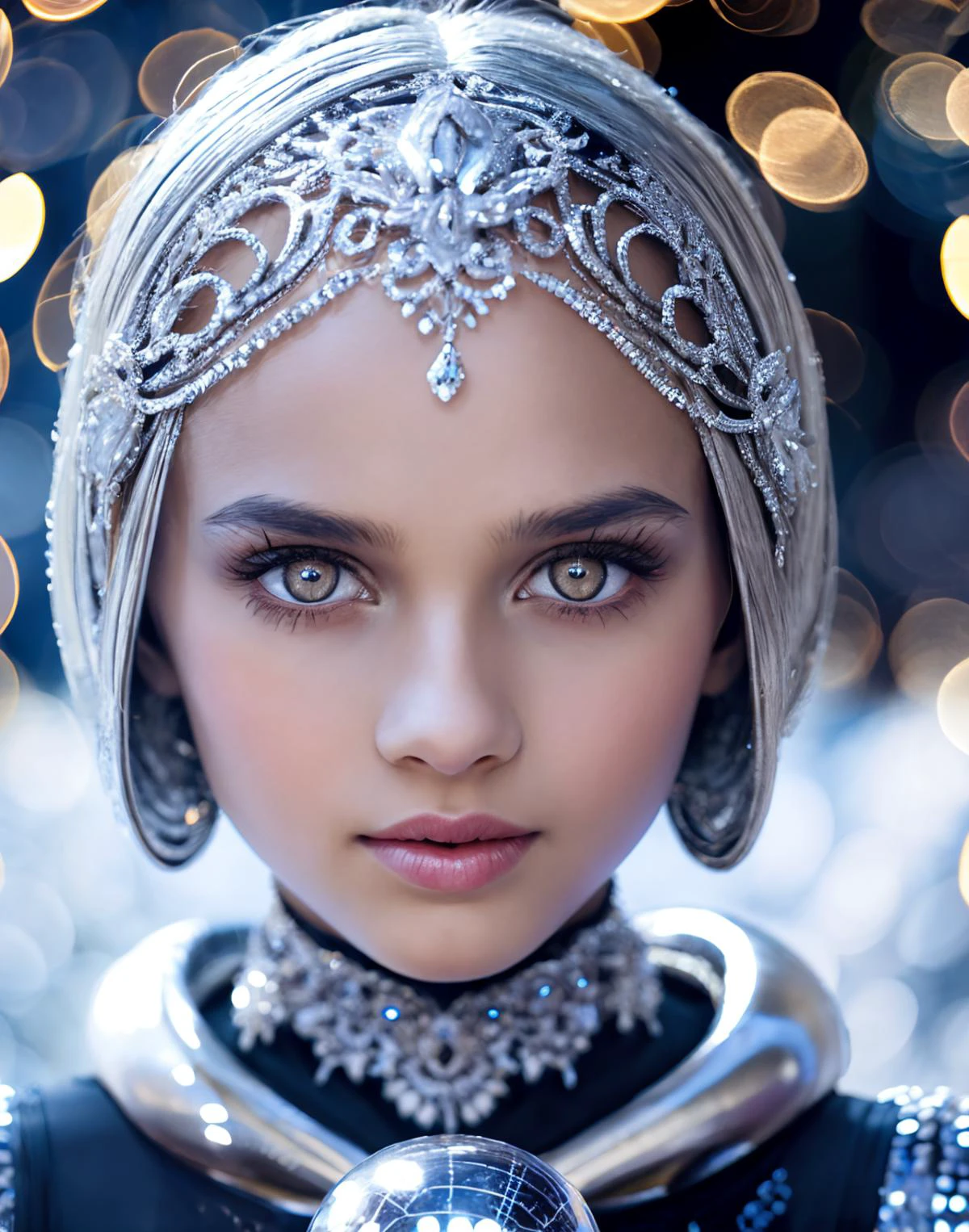 Upper body photo. 1Girl. Surreal photo of an alien otherworldly being with silver metallic skin, bright eyes, and intricate clothing patterns. Perfect eyes, highly detailed beautiful expressive eyes, detailed eyes. Cleavage. Glowing orbs. Background is of an alien planet. Curved landscape. 35mm photograph, film, bokeh, professional, 4k, highly detailed dynamic lighting, photorealistic, raw, rich, intricate details. Photo uses an abundance of silver, blue, grey, black, and white.