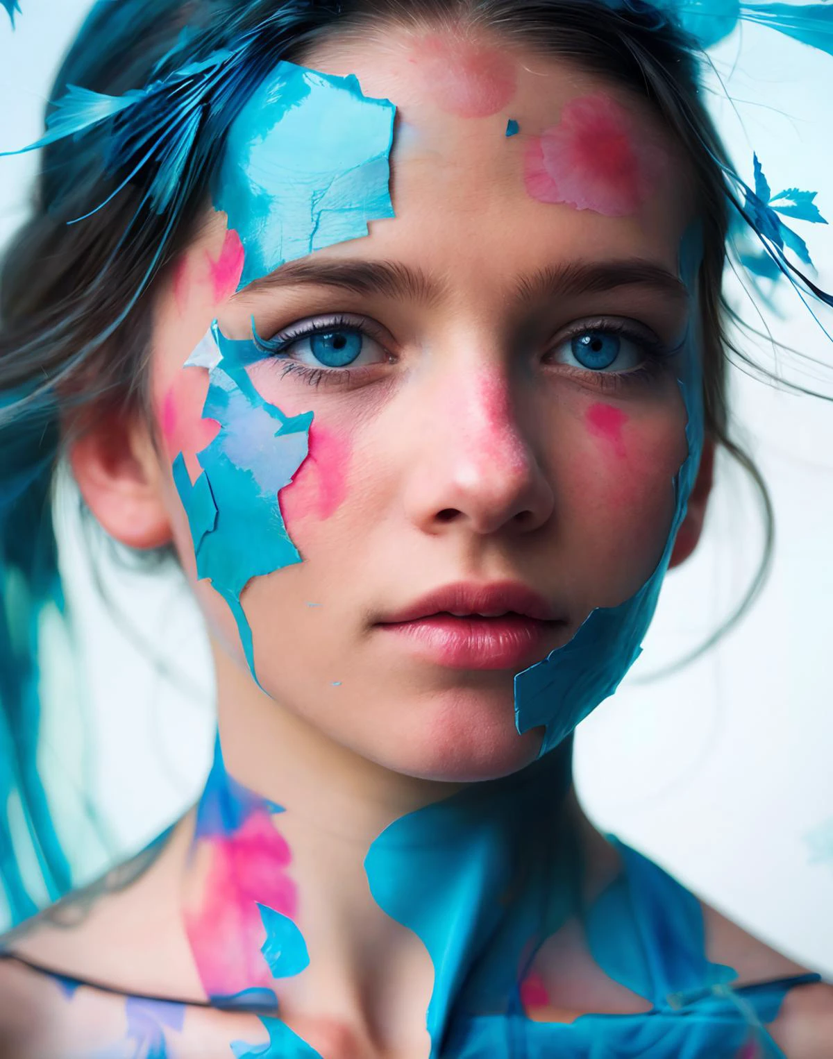 Upper body photo, A beautiful female, white and blue and pink, detailed features, organic forms, meticulous portraiture, complex patterns, double exposure, two photos overlapping, transparent, surreal artwork, cracks cover the entire scene, artful, aesthetic, unusual, vintage feel, post apocalyptic, unsettling violence, macabre, suspenseful, crazy visual soundscape