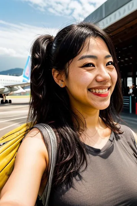 RAW photo, subject, high quality, armoutstretched, pov, personal, intimate, self-portrait photography, asian female, beautiful, long black hair, ponytail, cap, smiling, in front of an airport entrance in Taipei, sunny day, sunlight