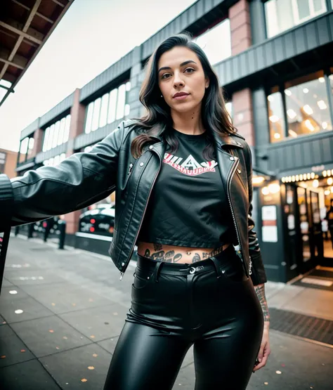 RAW photo, (masterpiece), best quality, extremely detailed, one woman, solo, sharp, studio quality, brown hair, black leather jacket, black pant leggings, tattoos, piercings, punk, goth, black leather boots, outside, walking,sidewalk, in the city,dirty street, messy, sunset, outside coffeeshop, dynamic light, looking at viewer, 8k uhd, dslr, soft lighting, high quality, film grain, Fujifilm XT3,  pov view, ((armoutstretched:1.2)),     <lyco:selfiearm_v2_lycoris:0.85>