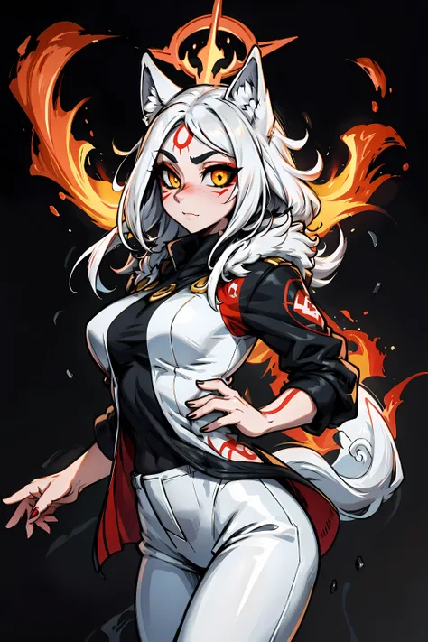 Beautiful white Kitsune, yellow eyes, highly detailed face, highly detailed eyes, big breasts, sexy figure, mature woman, several white kitsune tails, soft long white Kitsune ears, You rule a lake, a huge redblood moon in the sky reflecting in the water, The forest would be burning flames blue, full of charred corpses,With a terrifying look smiling, the eyes would glow yellow,Very detailed face and eyes, Wearing blue and yellow Race Suit