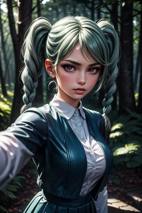 (ultra realistic,32k,RAW photo:1.1),(high detailed skin:1.1), 8k uhd, dslr, high quality, film grain, (makeup, mascara:1.1), lips,(thick\lips\),
(shiny glossy translucent clothing:1.1), <lora:tomari:0.7>onitsuka tomari, aqua hair, (red eyes, pink eyes:0.9), medium hair, side locks, twintails, twin braids, twin drills, jacket, blue jacket, white shirt, grey dress, ribbon, yuigaoka school uniform,, <lora:add_detail:0.76>, huge breast, (upper body:1.1),
taking a selfie with one hand,
(busty:1.1) , (chubby:0.1),(moody lighting:1.1), <lora:LowRA:0.4>, dark theme shadowfen forest, towering trees, swirling mists, haunting tranquility
