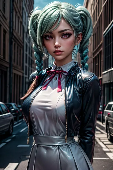 (ultra realistic,32k,RAW photo:1.1),(high detailed skin:1.1), 8k uhd, dslr, high quality, film grain, (makeup, mascara:1.1), lips,(thick\lips\), 
(shiny glossy translucent clothing:1.1), <lora:tomari:0.7>onitsuka tomari, aqua hair, (red eyes, pink eyes:0.9), medium hair, side locks, twintails, twin braids, twin drills, jacket, blue jacket, white shirt, grey dress, ribbon, yuigaoka school uniform,, <lora:add_detail:0.98>, (huge breast:1.1), (upper body:1.1),
selfie posing,
 (busty:1.1) ,  (chubby:0.1),(glow in the dark:1.1), <lora:LowRA:0.4>, dark theme dystopian cityscape, decaying infrastructure, polluted skies, oppressive regime, resistance movements