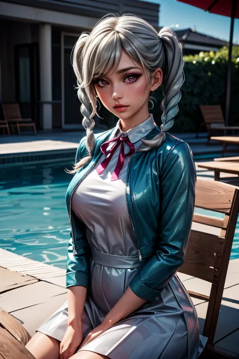 (ultra realistic,32k,RAW photo:1.1),(high detailed skin:1.1), 8k uhd, dslr, high quality, film grain, (makeup, mascara:1.1), lips,(thick\lips\),
(shiny glossy translucent clothing:1.1), <lora:tomari:0.7>onitsuka tomari, aqua hair, (red eyes, pink eyes:0.9), medium hair, side locks, twintails, twin braids, twin drills, jacket, blue jacket, white shirt, grey dress, ribbon, yuigaoka school uniform,, <lora:add_detail:0.84>, huge breast, (upper body:1.1),
(looking at viewer, sitting:1.1),,
(busty:1.1) , (chubby:0.1),(iridescence:1.1), <lora:LowRA:0.4>, dark theme A private club with a water slide and beach chairs by the pool where every table has nice drinks
