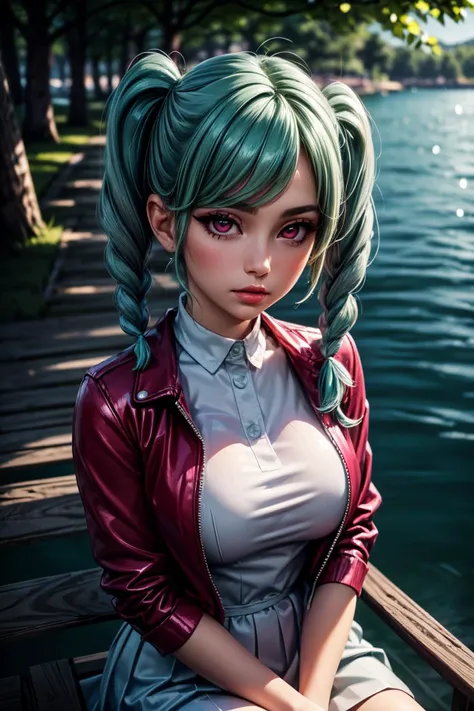 (ultra realistic,32k,RAW photo:1.1),(high detailed skin:1.1), 8k uhd, dslr, high quality, film grain, (makeup, mascara:1.1), lips,(thick\lips\),
(shiny glossy translucent clothing:1.1), <lora:tomari:0.7>onitsuka tomari, aqua hair, (red eyes, pink eyes:0.9), medium hair, side locks, twintails, twin braids, twin drills, jacket, blue jacket, white shirt, grey dress, ribbon, yuigaoka school uniform,, <lora:add_detail:0.88>, (huge breast:1.1), (upper body:1.1),
(looking at viewer, standing from above:1.1),,
(busty:1.1) , (chubby:0.1),(neon pastel light:1.1), <lora:LowRA:0.4>, dark theme lighthouse, coastal beacon, ocean vistas, maritime