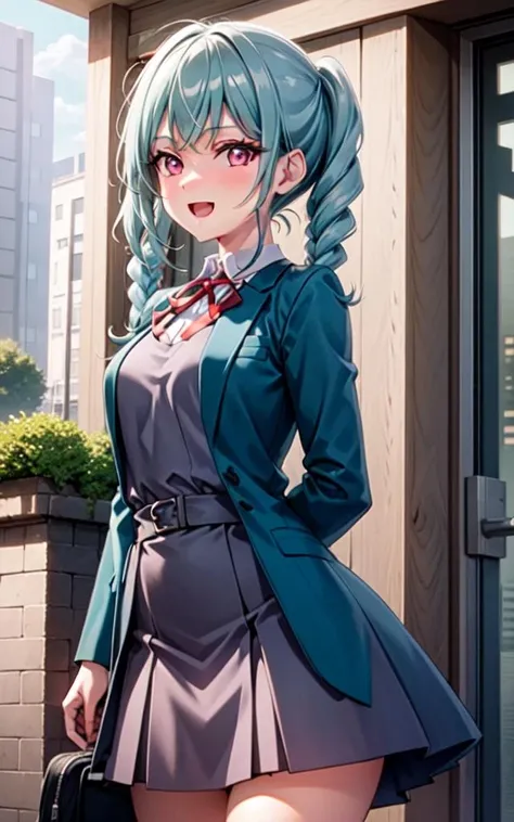 (masterpiece, best quality, ultra-detailed), (illustration), (beautiful detailed eyes), (1girl), (solo),onitsuka tomari, aqua hair, red eyes, pink eyes, medium hair, side locks, twintails, twin braids, twin drills, medium breasts, <lora:tomari:0.6> , smile, embarrassed, blush, open mouth, (female, solo), (cowboy shot), (outdoors, school, sky blue), jacket, blue jacket, white shirt, grey dress, ribbon, yuigaoka school uniform,  <lora:ç¼çå:0.5>,