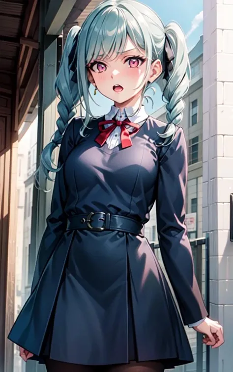(masterpiece, best quality, ultra-detailed), (illustration), (beautiful detailed eyes), (1girl), (solo),onitsuka tomari, aqua hair, red eyes, pink eyes, short hair, side locks, twintails, twin braids, twin drills, medium breasts, <lora:tomari:0.6> , serious, embarrassed, blush, open mouth, (female, solo), (cowboy shot), (outdoors, school, sky blue), jacket, blue jacket, white shirt, grey dress, ribbon, yuigaoka school uniform, <lora:ç¼çå:0.5>,