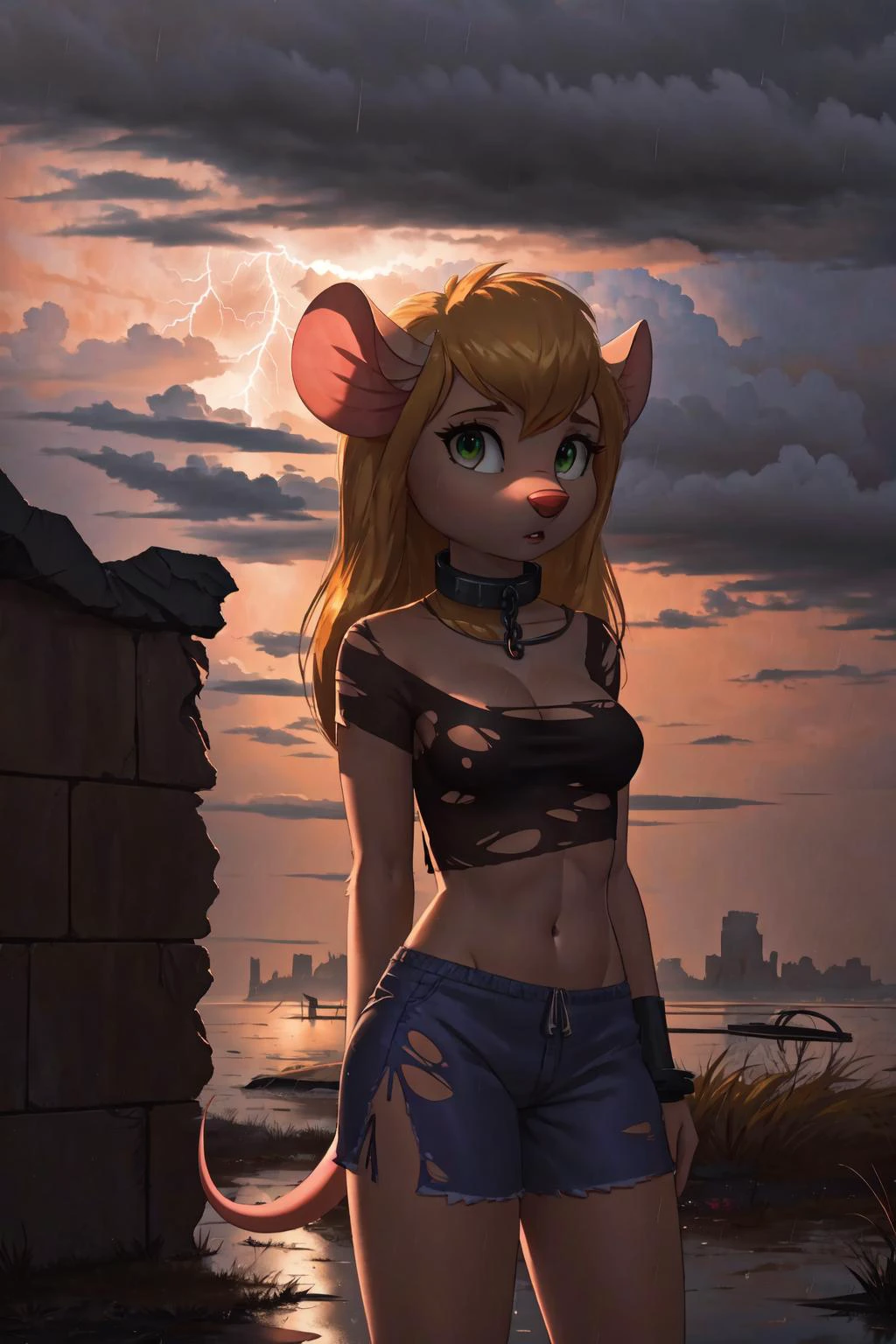 cowboy shot,
(gadgethackwrench:1.2), furry, medium breast, (detailed body fur:1.2), mouse tail, (detailed long blonde hair), worried face, (perfect green eyes)
(masterpiece:1.2), (best quality:1.2), (intricate:1.2), (highly detailed:1.2), (sharp:1.2), (8k:1.2), (highres:1.2),
summer lighting, cinematic lighting, vivid colors,
chapa, metal collar, shackles, torn shirt,
barren plain, ruins in the background,
badweather, dark red clouds, heavy rain, lightning,
<lora:ChapayevPrisonerV3:0.8>
<lora:gadgethackwrench-15:1>
<lora:badweather:1>