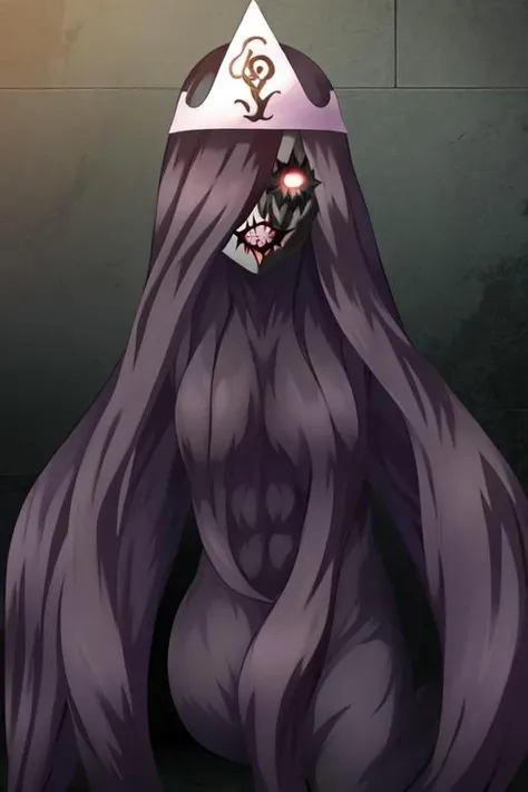Yomotsu Shikome, black hair, extremally long hair, horror (theme), triangular headpiece, glowing eyes <lora:Character Yomotsu Shikome (Shin Megami Tensei)-000015:0.8>