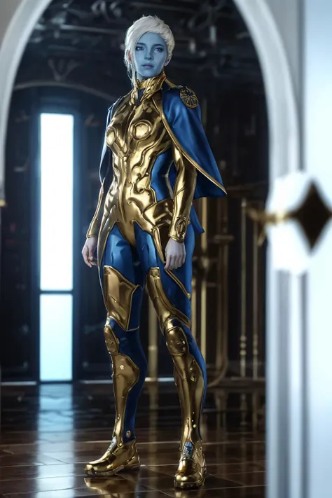 highres,absurdres,masterpiece,best quality,original,extremely detailed CG,extremely detailed wallpaper,perfect lighting,looking at viewer,bare hands,1girl,blurry background,standing on stage,
<lora:Ko-Rel:0.7>, Ko-Rel,blue eyes,blue skin,white hair,armor,shiny,gold trim,