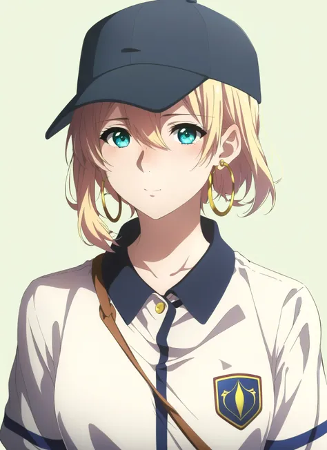 violet evergarden <lora:violet_evergarden_offset:1>, masterpiece, best quality, 1girl, aqua eyes, baseball cap, blonde hair, closed mouth, earrings, green background, hat, hoop earrings, jewelry, looking at viewer, shirt, short hair, simple background, solo, upper body, yellow shirt