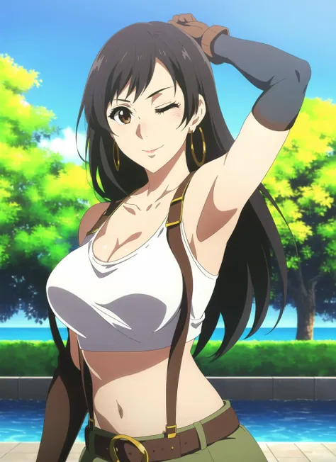 violet evergarden <lora:violet_evergarden_offset:1>, tifa lockhart, 1girl, thick lips, arm up, armpits, artist name, belt, black hair, breasts, brown eyes, cleavage, closed mouth, collarbone, cowboy shot, crop top, earrings, elbow gloves, elbow pads, gloves, jewelry, large breasts, lips, long hair, low-tied long hair, midriff, navel, one eye closed, outdoors, skirt, smile, solo, stomach, suspenders, tank top, upper body, ((masterpiece)) <lora:tifa_lockhart:0.4>