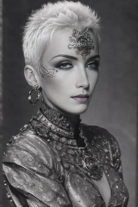 <lora:Annie_Lennox:1>, a fine art painting of a beautiful woman, biomechanical, mshn robot, hyper realistic, steel, intricate design, insanely detailed, fine details, Extremely sharp lines, cinematic lighting, Photo realistic, a detailed masterpiece <lora:mshn:0.7> (sharp focus on eyes) (skin texture:1.2)