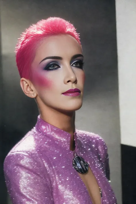 <lora:Annie_Lennox:1>, a sexual pink, wears a pastel costume, in the style of anaglyph filter, patrick nagel, rainbowcore, robotic expressionism, perry rhodan, john trumbull, (masterpiece:1.5) (photorealistic:1.1) (bokeh) (best quality) (detailed) (intricate) (8k) (HDR) (wallpaper) (cinematic lighting) (sharp focus on eyes) (skin texture:1.2)