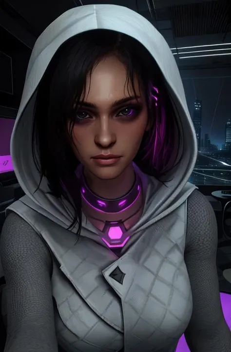 hope, black hair, brown eyes,
white sweater, hood up, white pants, white collar,
standing, upper body,
cyberpunk, hotel, purple lights,
(best quality, masterpiece, perfect face, beautiful and aesthetic:1.2, highest detailed face),
<lora:HopeRepublique:0.8>
