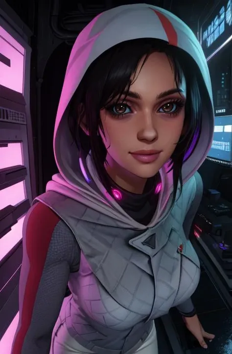 hope, black hair, brown eyes,
white sweater, hood up, white pants, white collar,
smile, standing, cowboy shot,
cyberpunk, purple lights, museum,
(best quality, masterpiece, perfect face, beautiful and aesthetic:1.2, highest detailed face),
<lora:HopeRepublique:0.8>