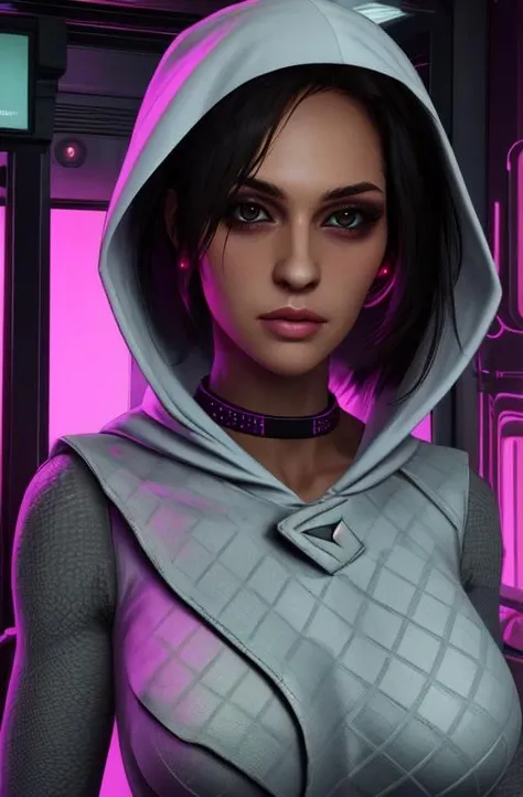 hope, black hair, brown eyes,   
white sweater, hood up,  white pants,  white collar, 
standing, upper body, 
cyberpunk,  hotel,  purple lights, 
(best quality, masterpiece, perfect face, beautiful and aesthetic:1.2, highest detailed face), 
 <lora:HopeRepublique:0.8>