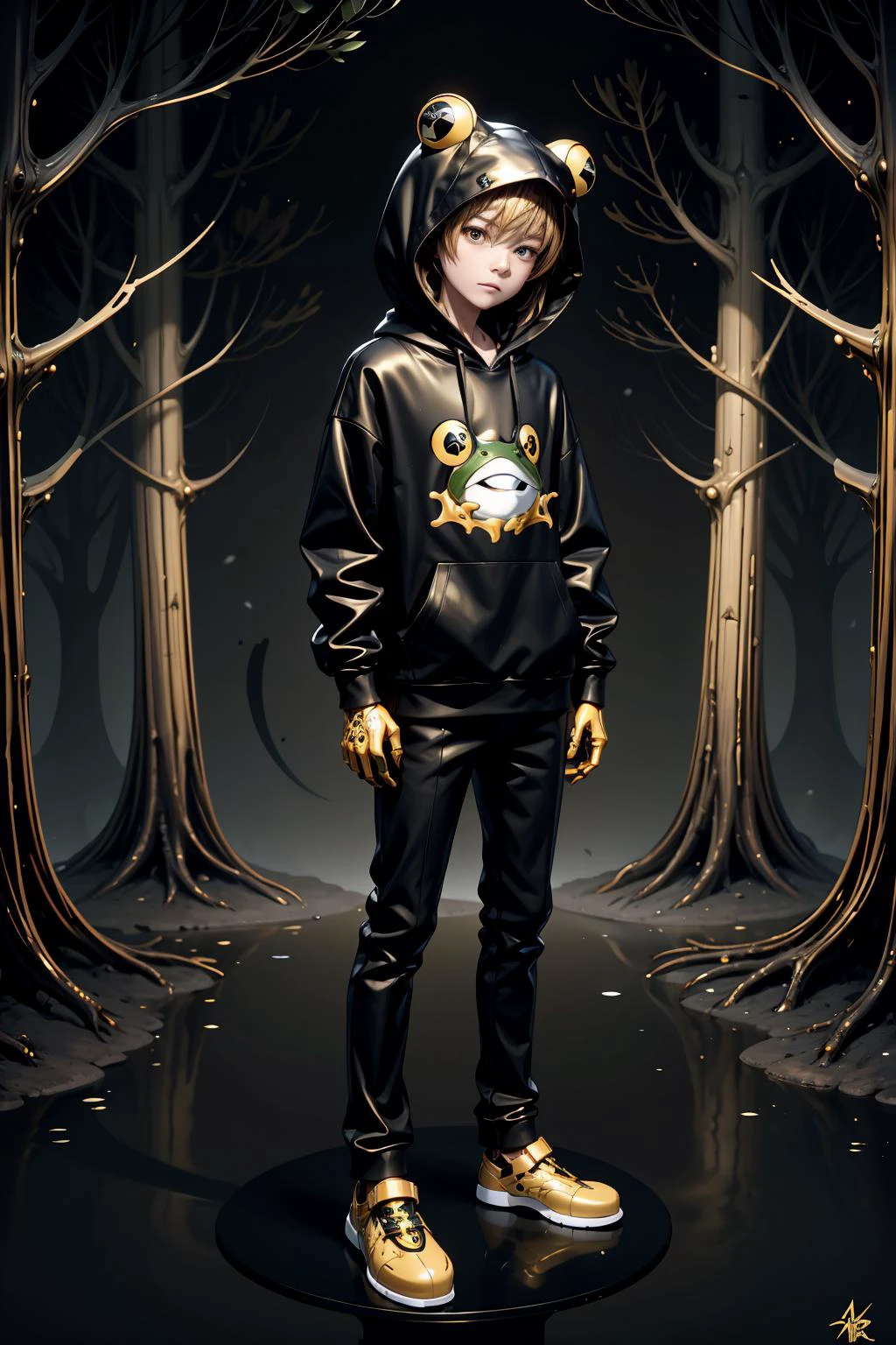 <lora:Golden_Paradigm:0.8> goldenparadigm (chibi:0.8) wearing a frog hoodie, black and gold theme, forest background <lora:add_detail:0.25> <lora:realistic:-0.25> <lora:waterVFX:0.25>