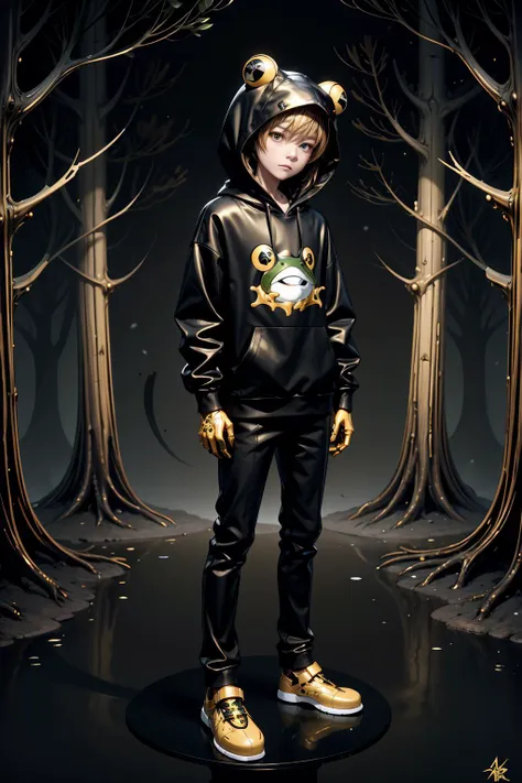 <lora:Golden_Paradigm:0.8> goldenparadigm (chibi:0.8) wearing a frog hoodie, black and gold theme, forest background <lora:add_detail:0.25> <lora:realistic:-0.25>  <lora:waterVFX:0.25>